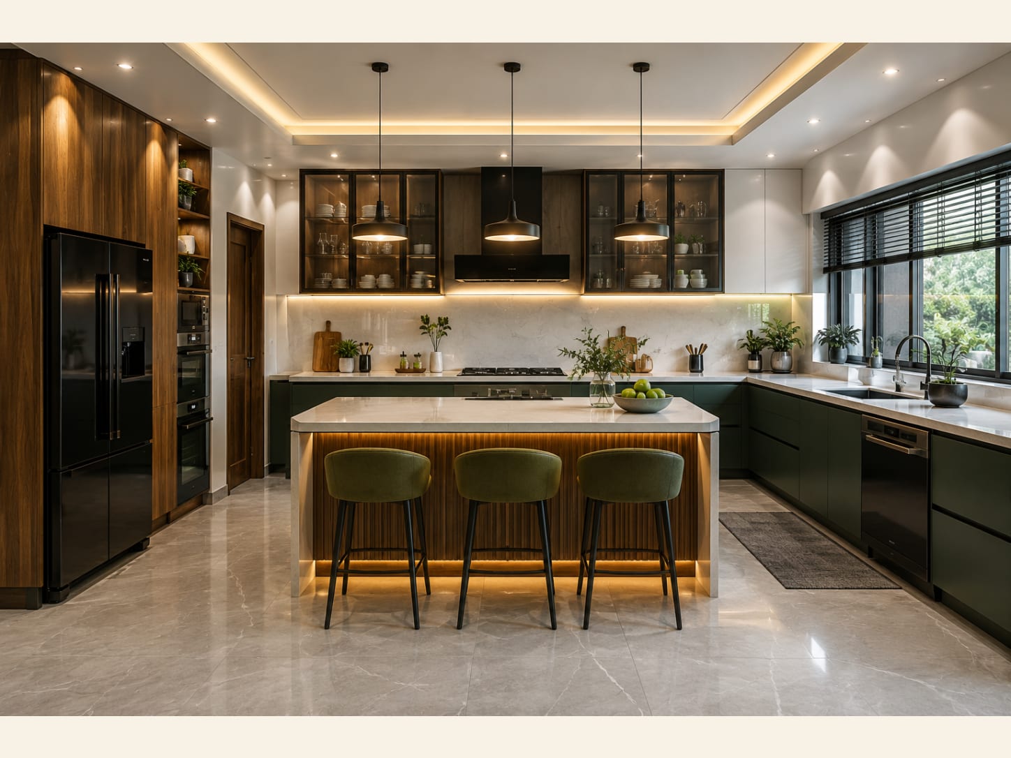 A Forest Green and Walnut Modern Kitchen with Black Appliances 2026 A sleek handleless kitchen combining deep forest-green base cabinets with a walnut tall unit, black appliances, a fluted-wood marble island and olive velvet stools under matte black pendants.