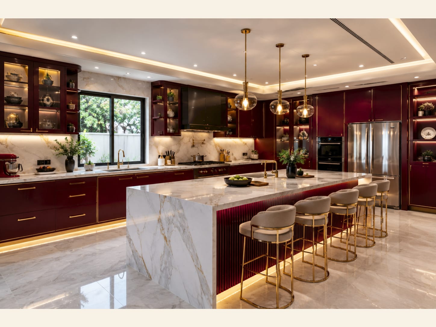 A Burgundy and Gold Glam Kitchen with a Marble Waterfall Island 2026 A high-glamour kitchen in deep burgundy gloss with gold trim, a dramatic Calacatta marble waterfall island, five upholstered stools and a red KitchenAid mixer under warm glass pendants.