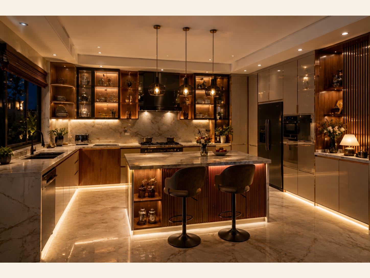 A warm evening-lit luxury kitchen mixing walnut and champagne-gloss cabinets with Calacatta-gold marble, black fittings, a fluted-wood island and swivel pedestal stools.