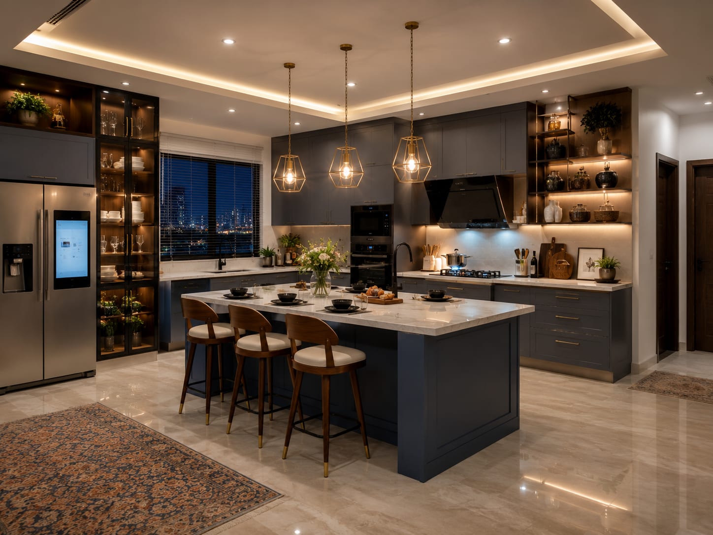 A Charcoal Grey Shaker Kitchen with Brass Accents and a Smart Fridge 2026 A contemporary transitional kitchen in charcoal-grey shaker cabinets with brass hardware, a smart touchscreen fridge, quartz island seating, geometric cage pendants and a city night view.