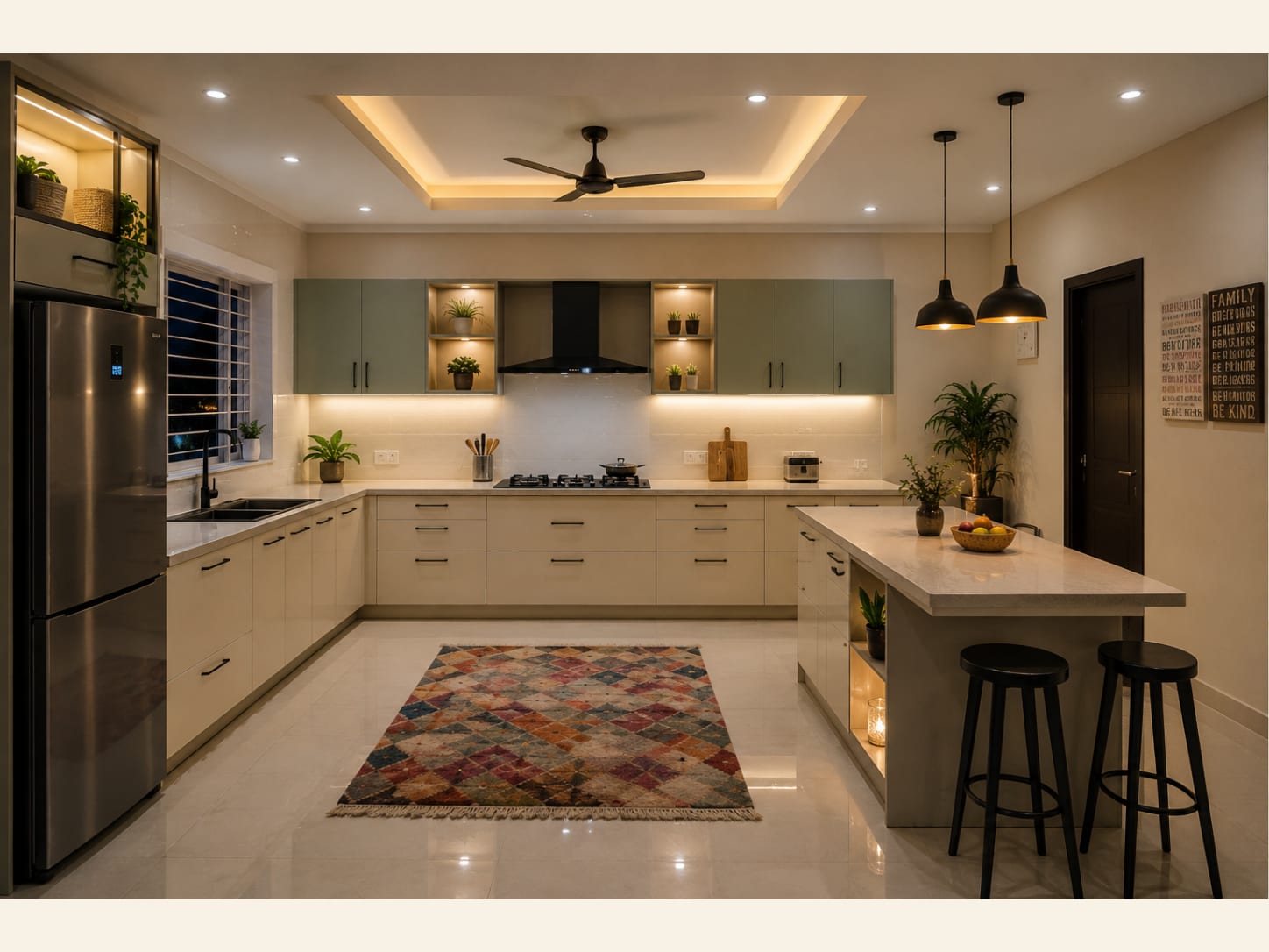 A Sage and Cream Modular Kitchen with Breakfast Island (2026) A warm two-tone modular kitchen pairing ivory base cabinets with soft sage upper units, black bar handles, a compact quartz island, and a colourful kilim rug that anchors the whole space.