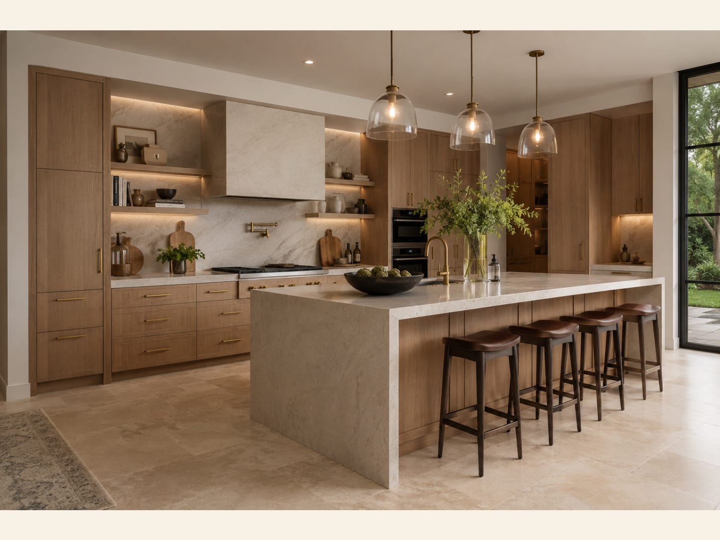 An earthy, organic-modern kitchen built from rift-cut oak cabinetry, a chunky limestone waterfall island and a matching stone hood, softened with brass tapware and warm layered lighting.