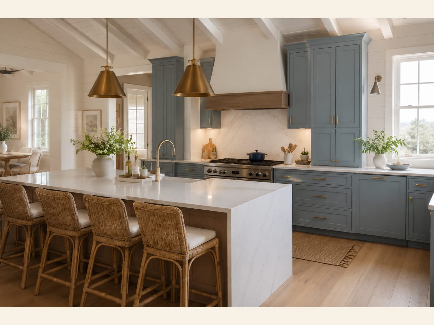 A breezy coastal farmhouse kitchen with slate-blue shaker cabinets, a white marble waterfall island, rattan bar stools and brass cone pendants under a vaulted shiplap ceiling.