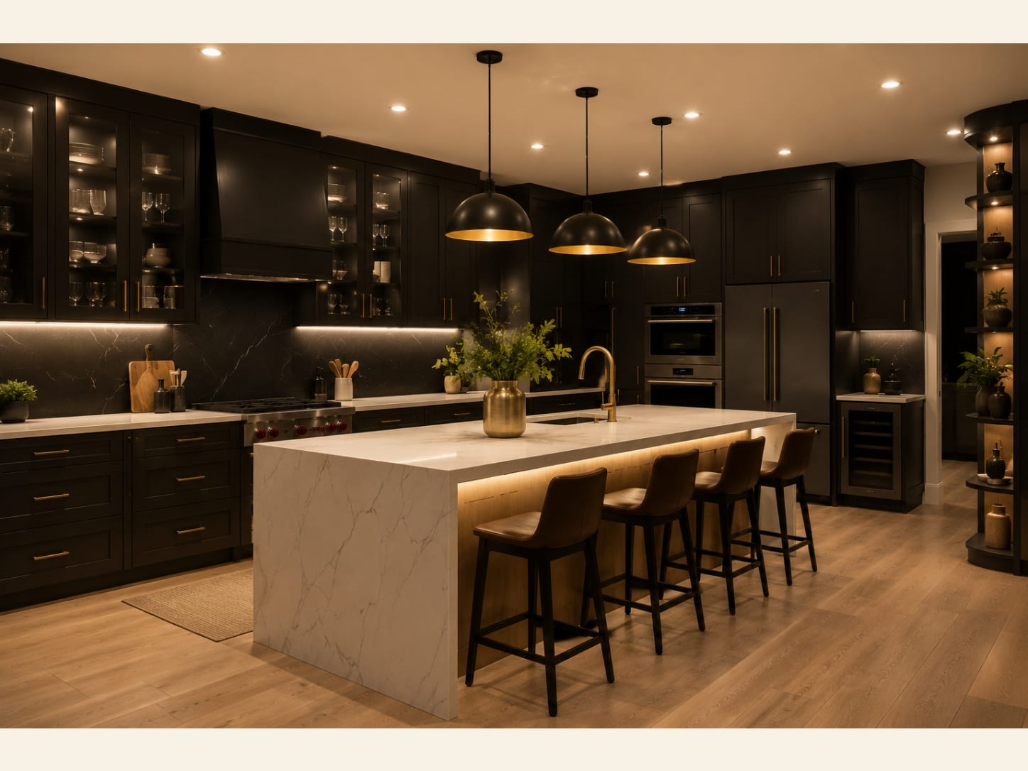 A Moody Black and Marble Modern Kitchen (2026) A dramatic, low-lit modern kitchen with espresso-black shaker cabinets, glass-front uppers, a bright white marble waterfall island and warm brass and leather accents.