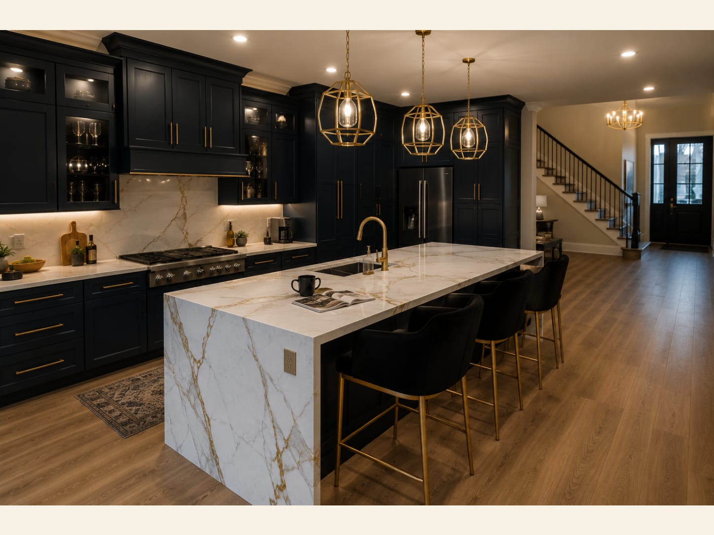 A Black and Gold Marble Glam Kitchen (2026) A high-glamour open-plan kitchen with navy-black shaker cabinets, a dramatic gold-veined marble waterfall island, brass cage pendants and black velvet stools on gold legs.