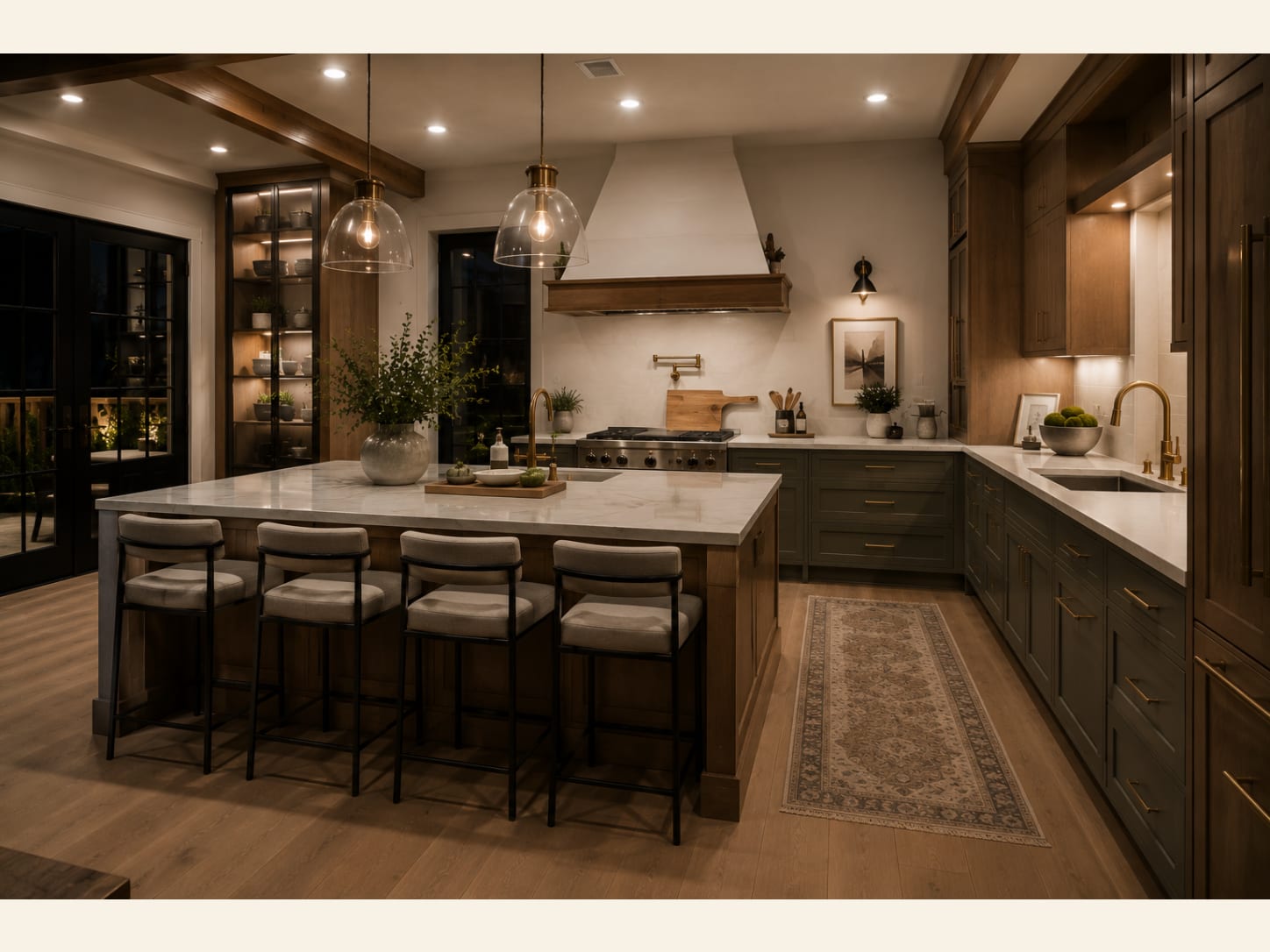 An Olive Green and Oak Transitional Kitchen (2026) A warm transitional kitchen combining olive-green shaker cabinets, a stained oak island with a marble top, brass fixtures and a plaster hood banded in wood under soft evening lighting.