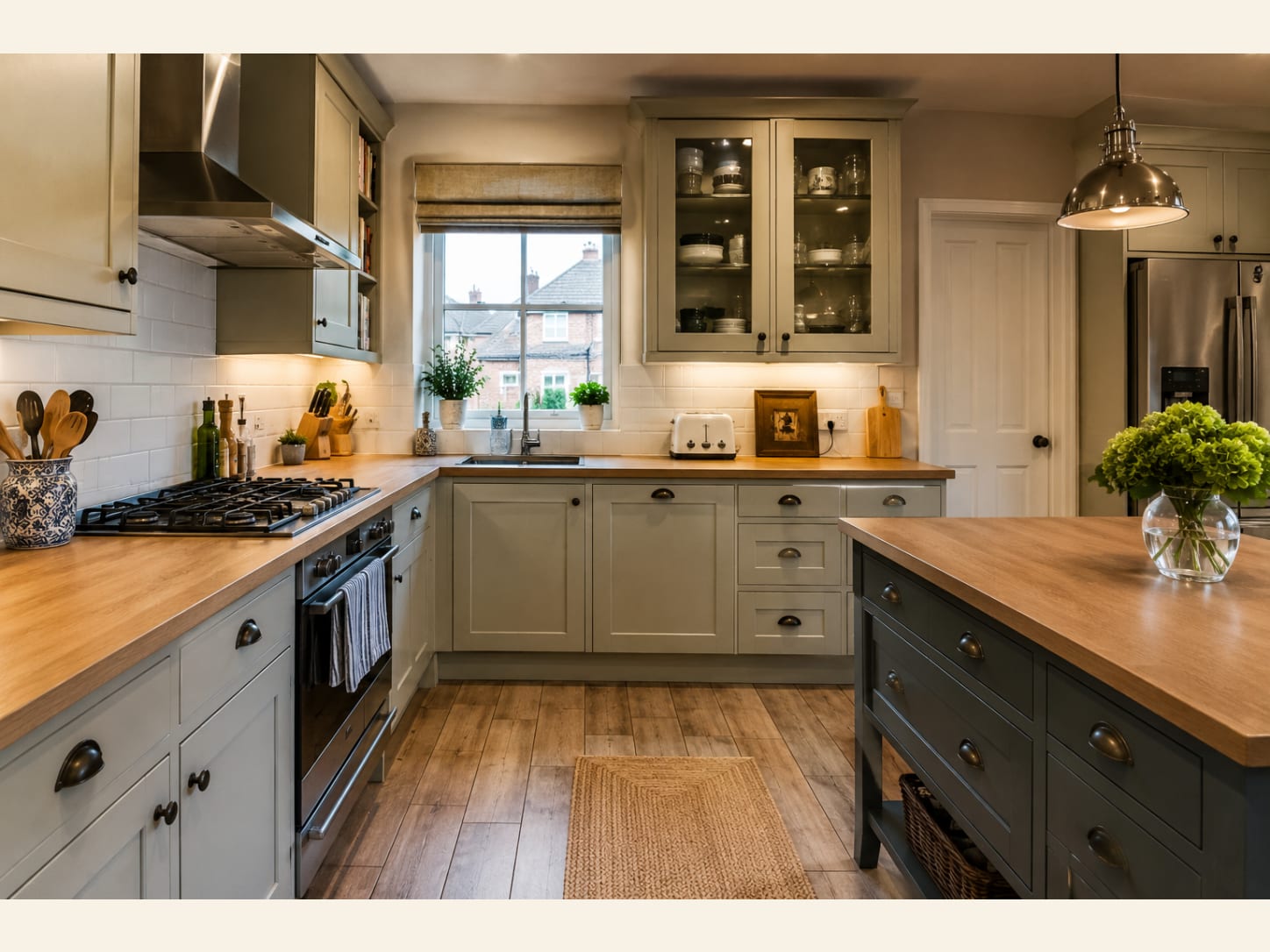 A Sage Green Shaker Cottage Kitchen With Oak Worktops A soft sage green English shaker kitchen with solid oak worktops, white subway tiles and a deep slate-green island, warmed by aged bronze cup handles and a chrome dome pendant.