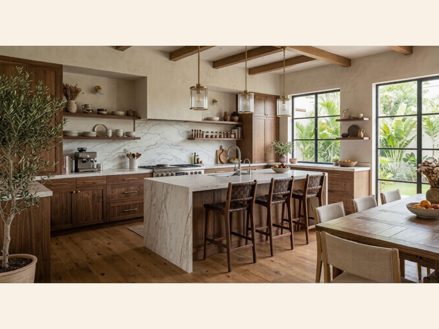 A warm organic-modern kitchen pairing rich walnut cabinetry with a dramatically veined white marble waterfall island, brass fittings, wooden ceiling beams and woven leather stools.