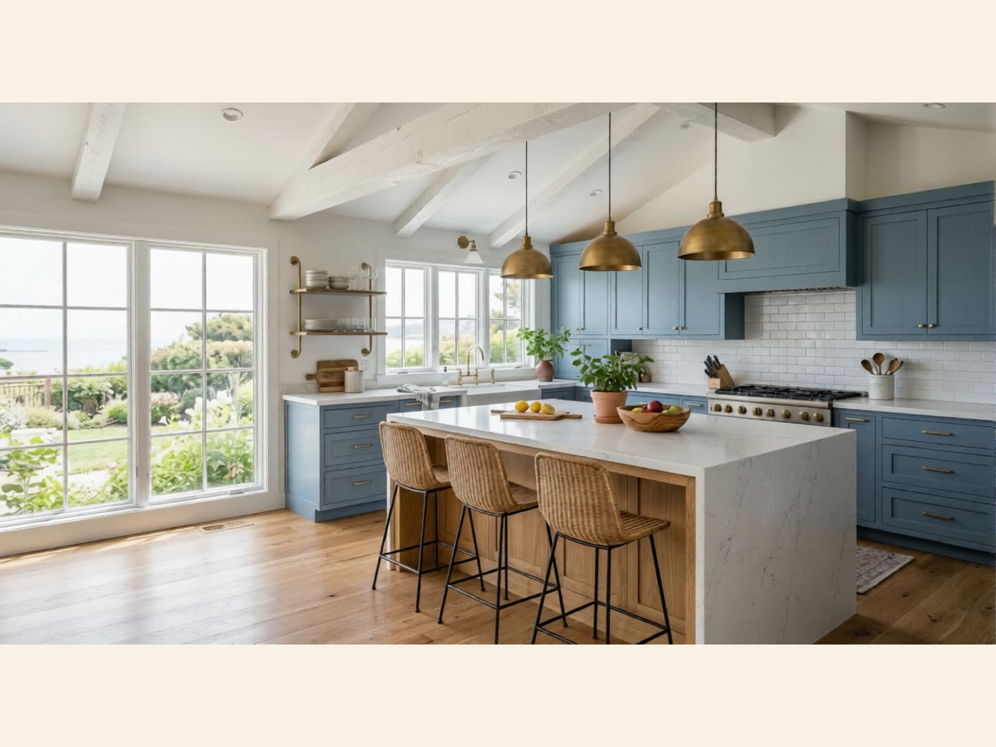 A breezy Hamptons-style kitchen with dusty blue shaker cabinets, a white marble waterfall island on an oak base, brass dome pendants, rattan stools and an ocean view.