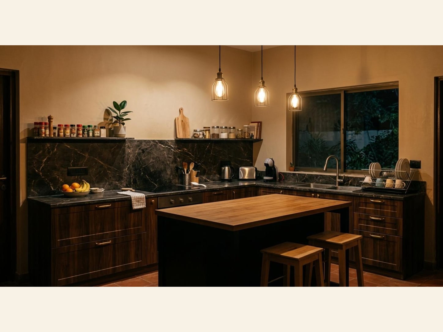 A Moody Walnut Kitchen With Dark Marble and a Butcher Block Island A warm, atmospheric kitchen with dark walnut cabinets, dramatic black marble worktops and backsplash, a solid butcher block island and caged Edison pendants over terracotta floors.