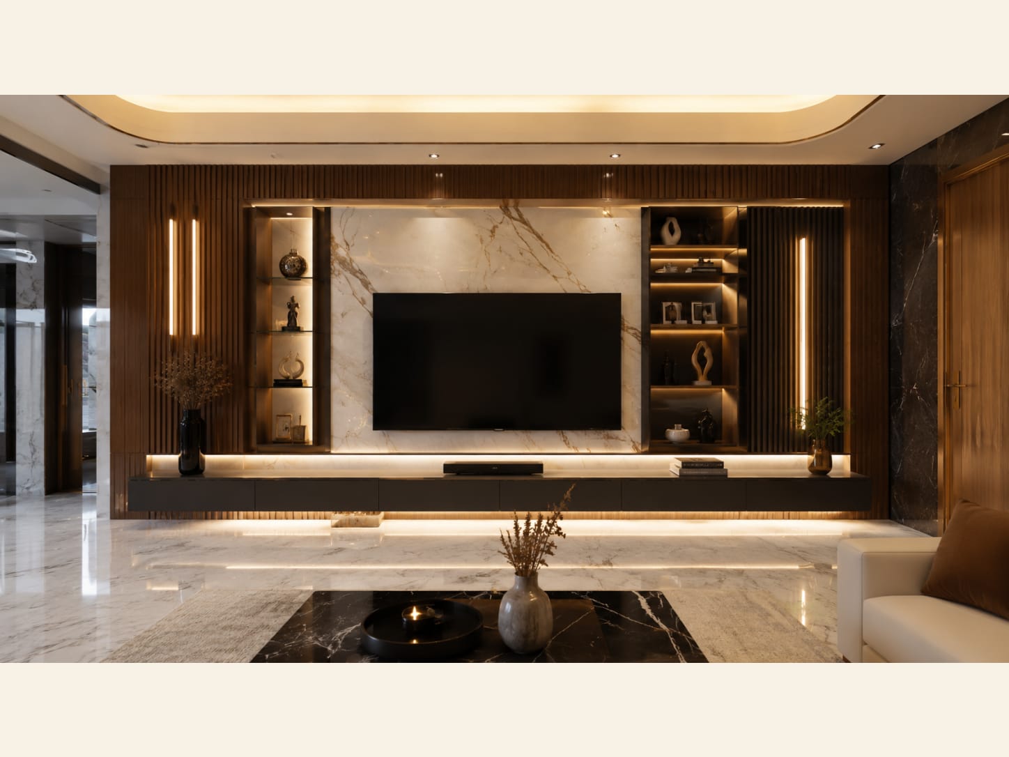 A Warm Walnut Fluted TV Wall with a Cream Marble Panel Full-height fluted walnut wraps the whole wall, with a cream gold-veined marble panel behind the screen, symmetrical lit niches, slim vertical light bars and a dark floating console.