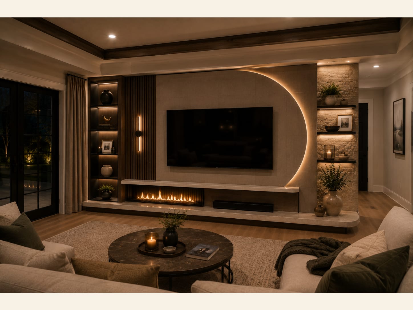A Limestone Arch TV Wall with a Long Linear Fireplace A backlit arch cut into warm limestone frames the screen above a long linear fire set on a raised stone hearth, with fluted timber one side and a rough stone-block column the other.