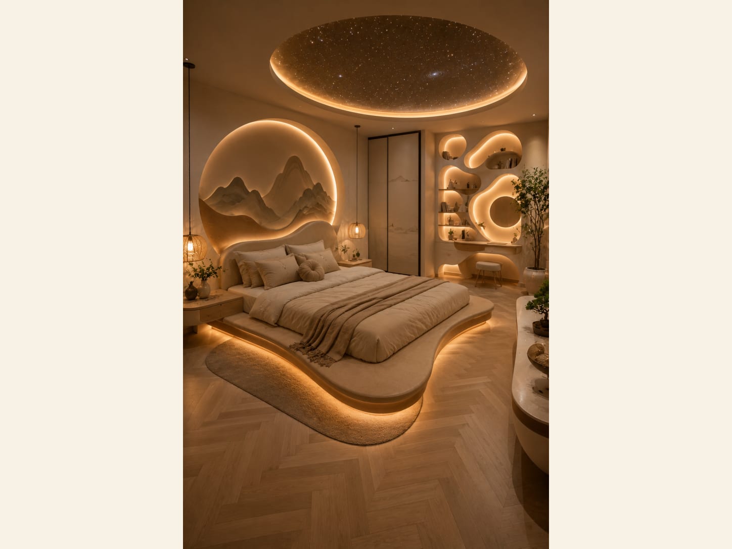 A warm organic luxury bedroom with a backlit mountain mural, a starry skylight, smooth curved walls, organic-shaped lit niches, a floating platform bed with LED glow and a herringbone wood floor.