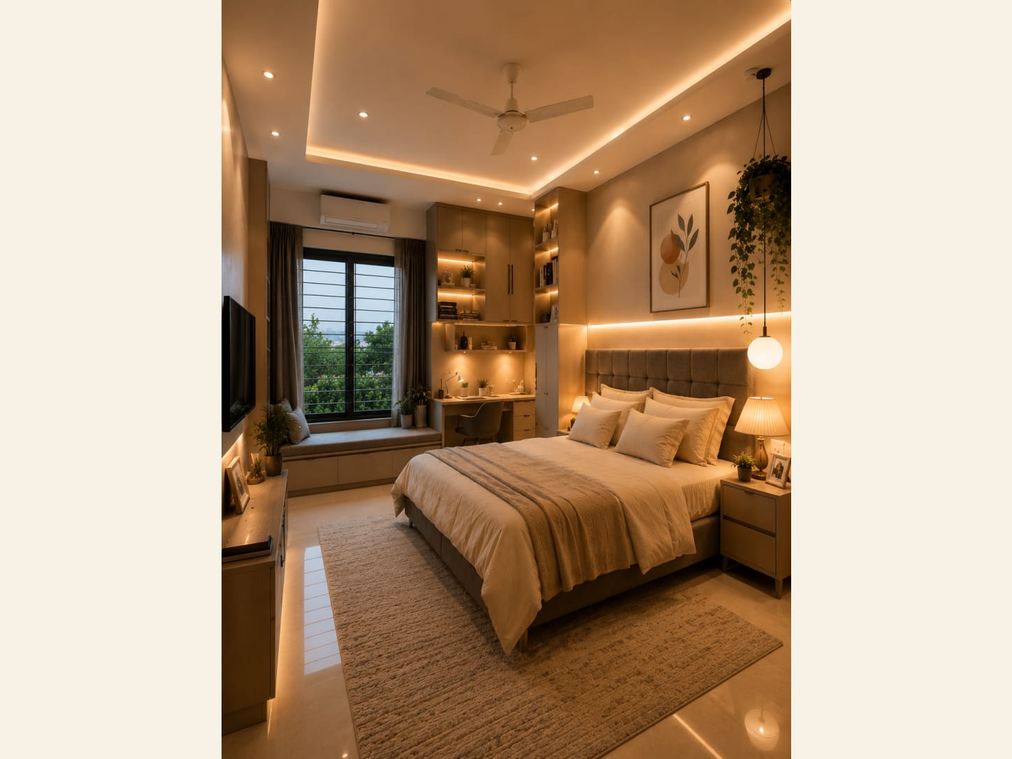 A Cozy Modern Bedroom with a Tucked-In Study Nook A cozy modern bedroom with a warm cove-lit tray ceiling, a backlit upholstered headboard, a built-in study nook, a window seat, trailing plants and layered neutral bedding.