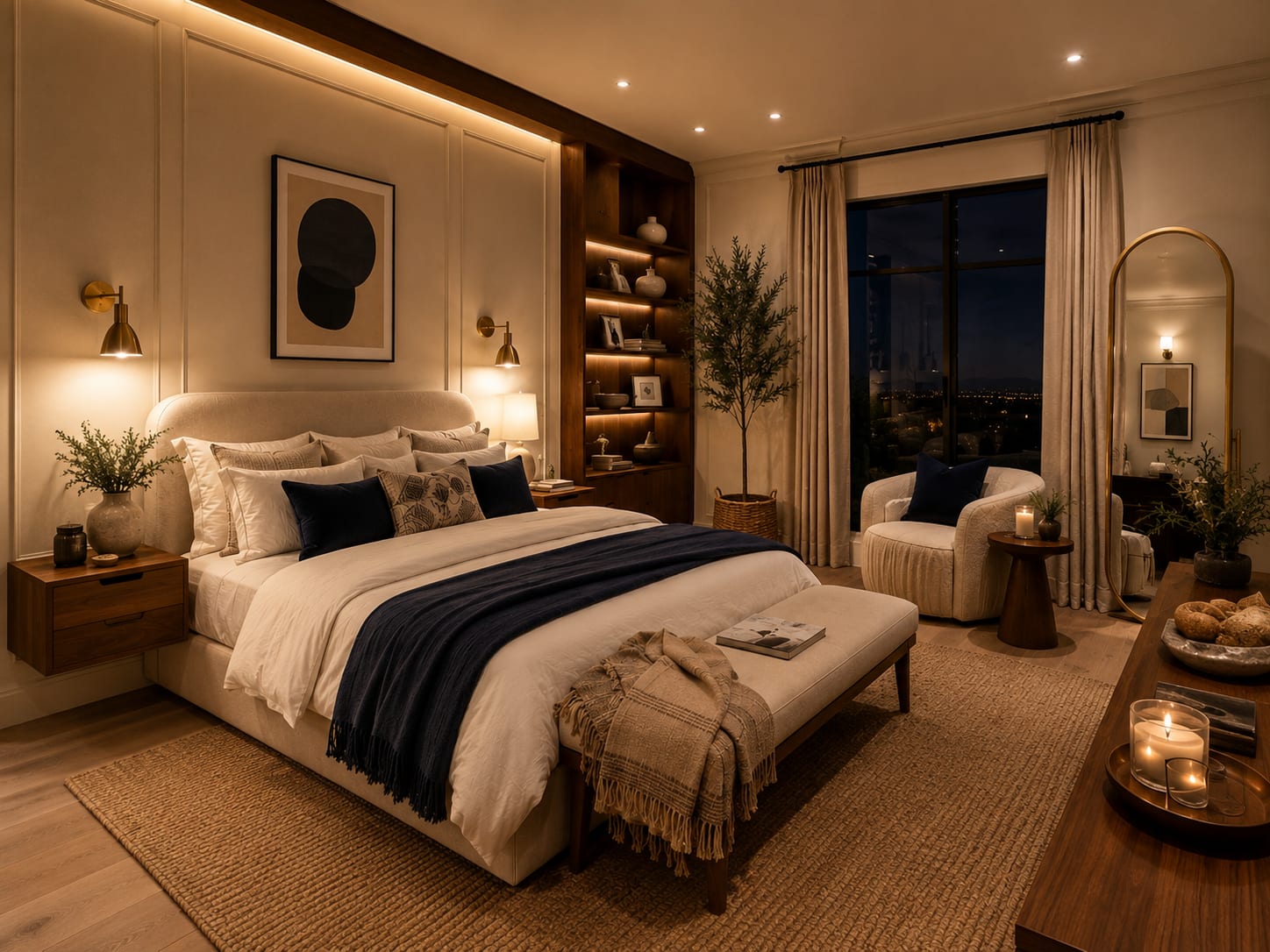 A Warm Boho Master Bedroom with Lit Walnut Shelving A warm boho master bedroom with a cream boucle headboard, navy accents, a walnut built-in with cove lighting, an arched brass mirror and a city view.