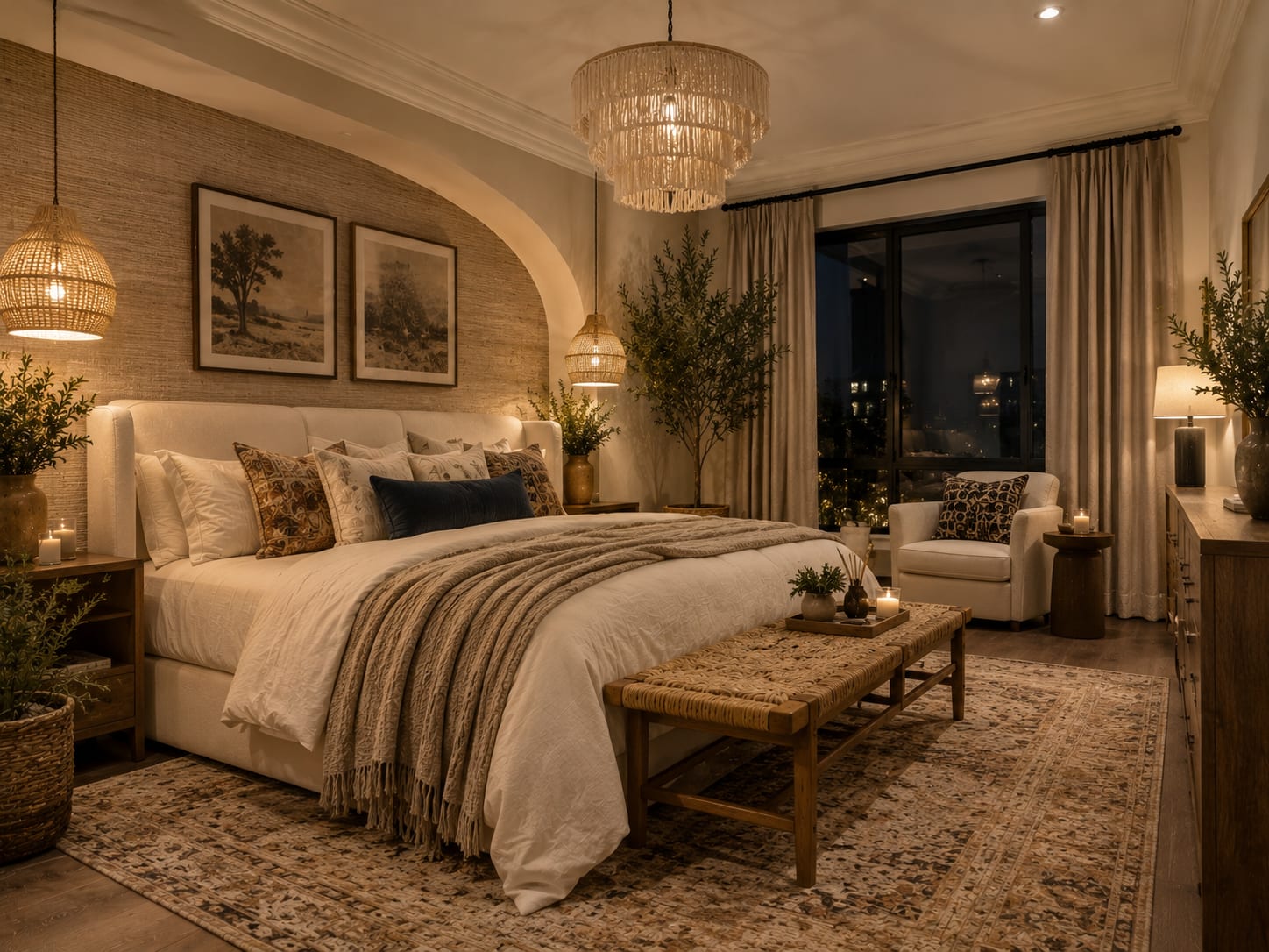 A Warm Boho Master Bedroom with a Grasscloth Arch Wall A warm boho master bedroom with a grasscloth arched accent wall, a cream headboard, rattan and beaded pendants, olive trees, a woven bench and a city view.