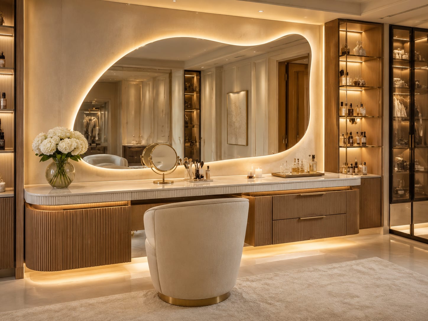 A wall-hung fluted oak vanity with a marble top, an organic wave-edged backlit mirror and lit glass-front cabinets holding perfume.