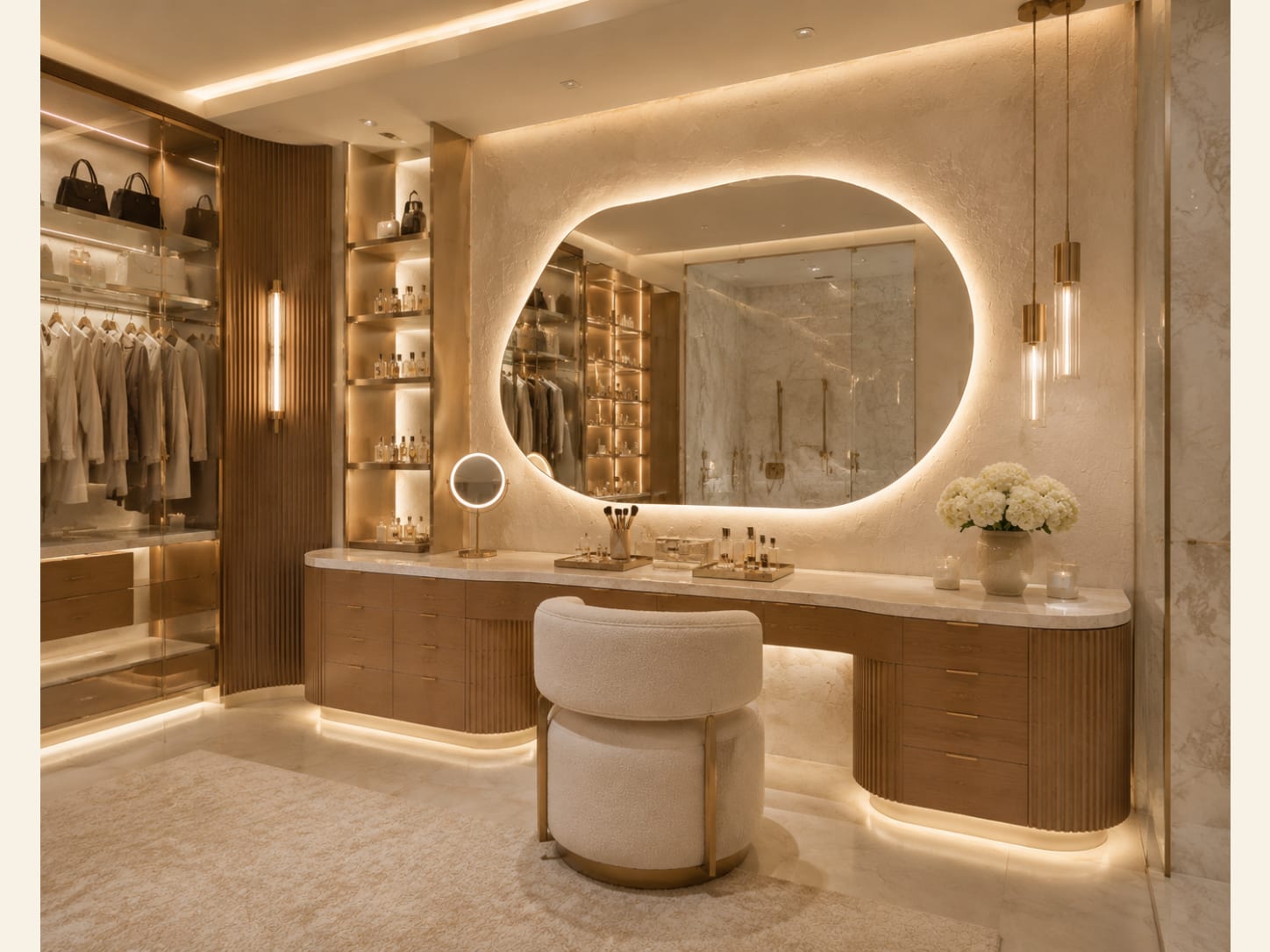 An oak fluted vanity with a marble top, a large oval backlit mirror on a plaster wall and lit glass shelving stocked with perfume and handbags.