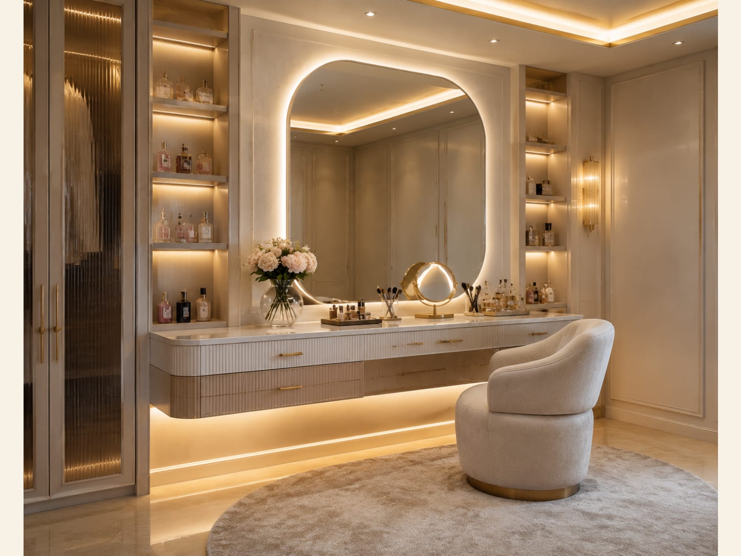 A Cream Fluted Floating Vanity with an Arched Backlit Mirror A cream fluted floating vanity with cove lighting, a large arched backlit mirror, a boucle swivel chair and reeded-glass wardrobe doors.