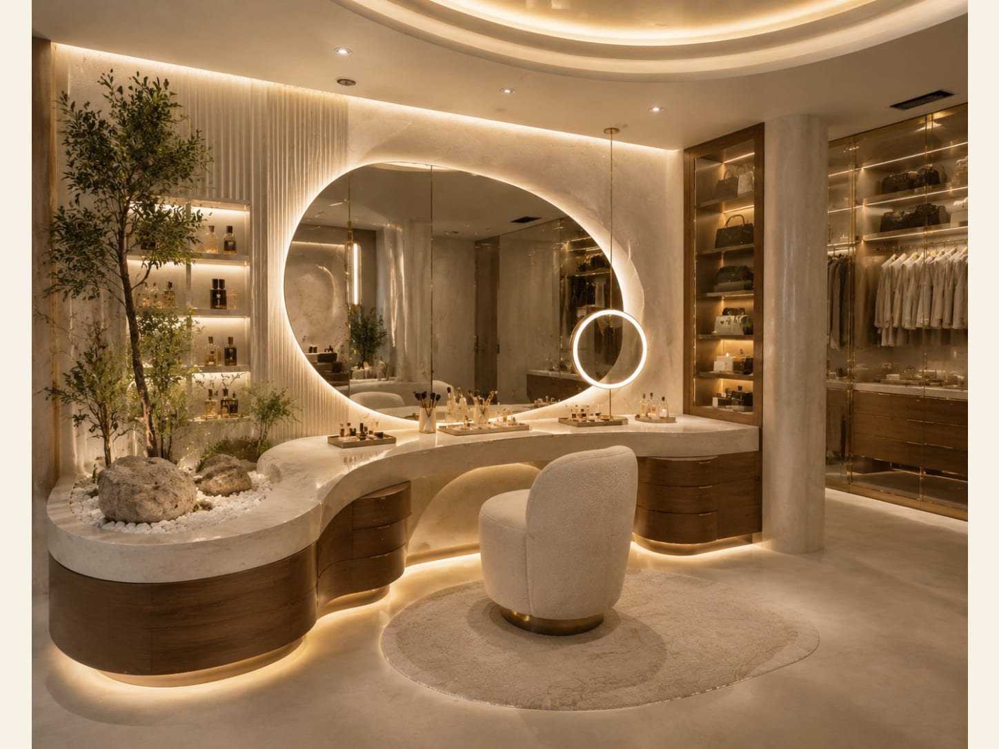 A curved stone waterfall vanity on a walnut base, with a huge organic backlit mirror, a round LED mirror, a boucle chair and a built-in indoor tree and rock garden.