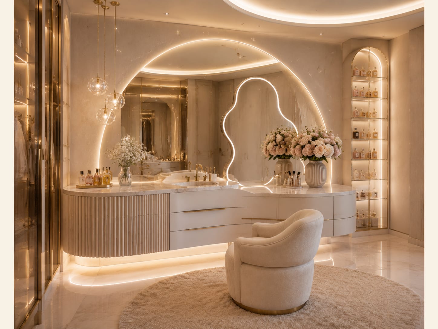 A White Marble Glam Vanity with a Squiggle LED Mirror A cream-and-marble glam vanity with an integrated washbasin, an arched backlit mirror, a squiggle LED light, glass pendants and lit perfume niches.