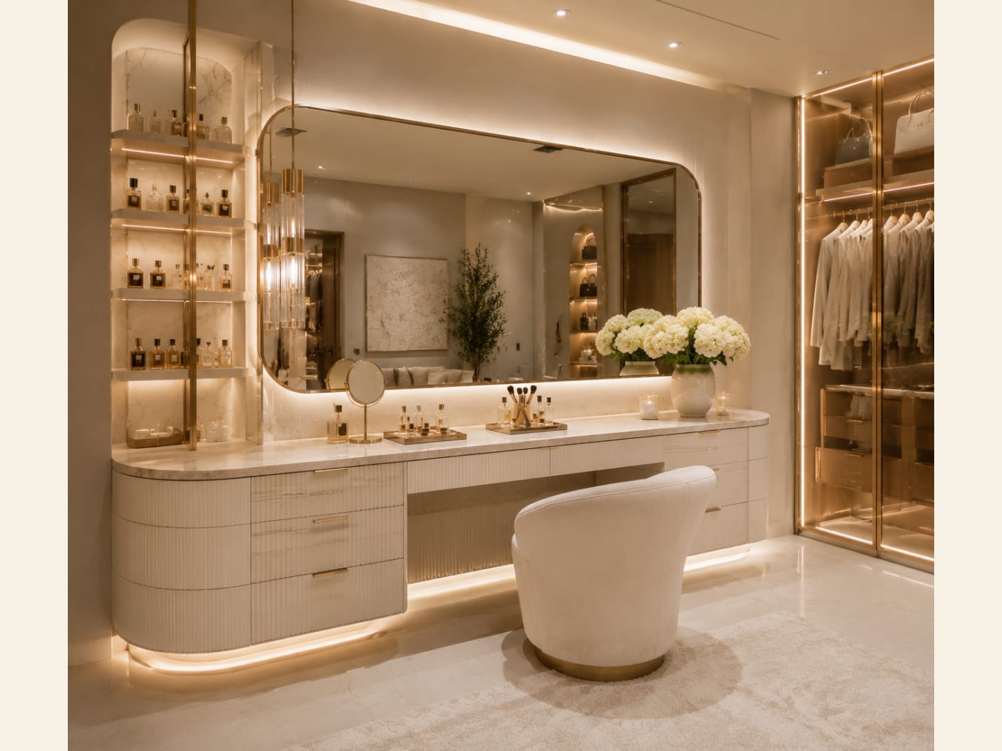 A Champagne Fluted Vanity with a Rounded Backlit Mirror A champagne fluted vanity with brass reveals, a large rounded-rectangle backlit mirror, a brass drop pendant, a boucle swivel chair and lit marble-backed shelving.