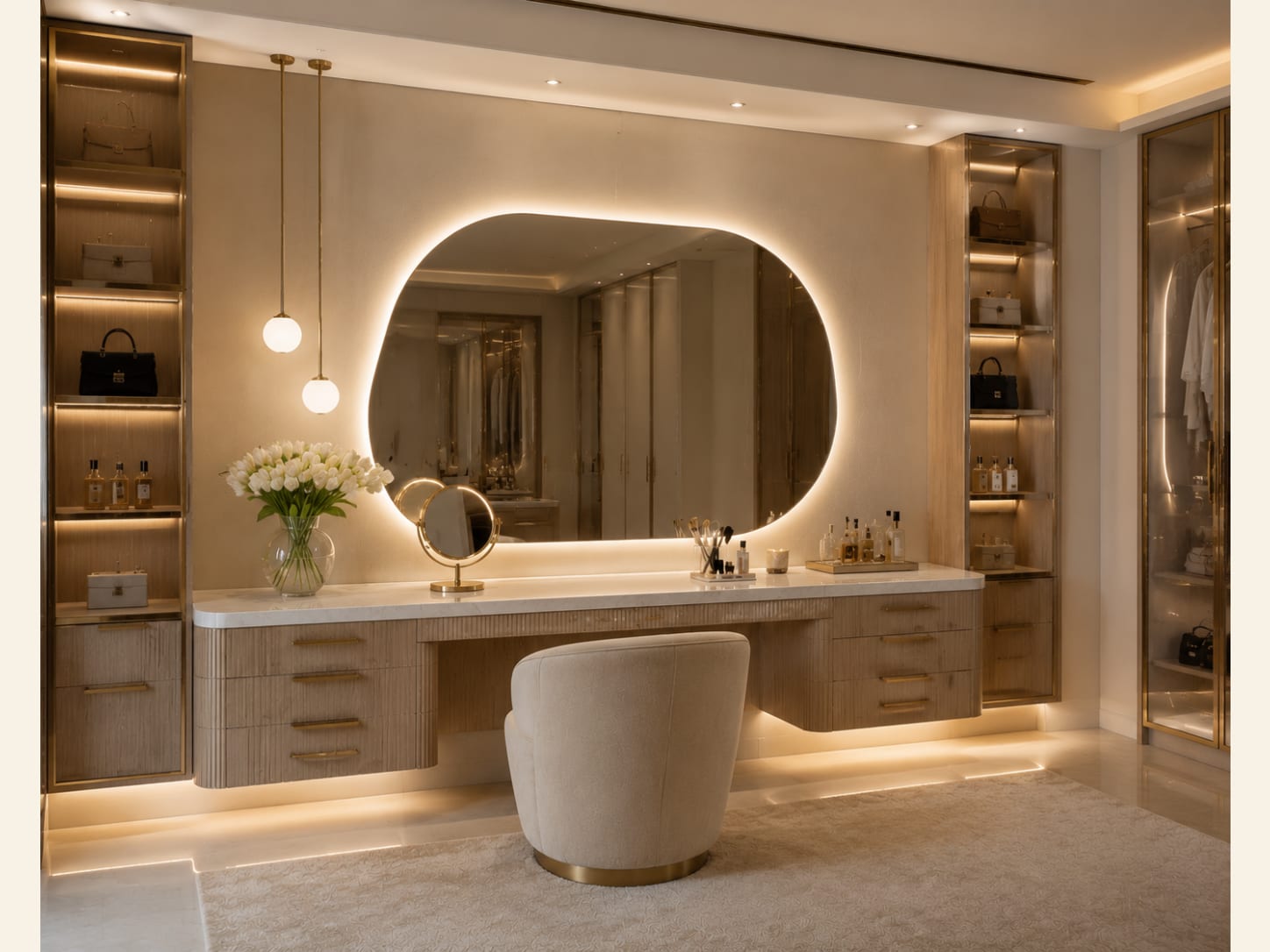 A fluted oak vanity with a travertine-look top, an oval backlit mirror, twin glass globe pendants, a boucle swivel chair and lit glass display shelving.