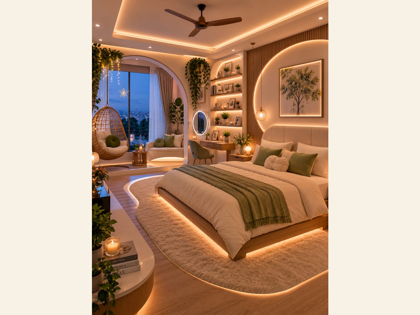 A Cozy Green Bedroom with a Swing Chair and Vanity Nook A cozy biophilic bedroom with green accents, a hanging rattan swing chair, an arched city-view window, a backlit vanity nook, lit plant shelves, botanical art and a curved floating bed.