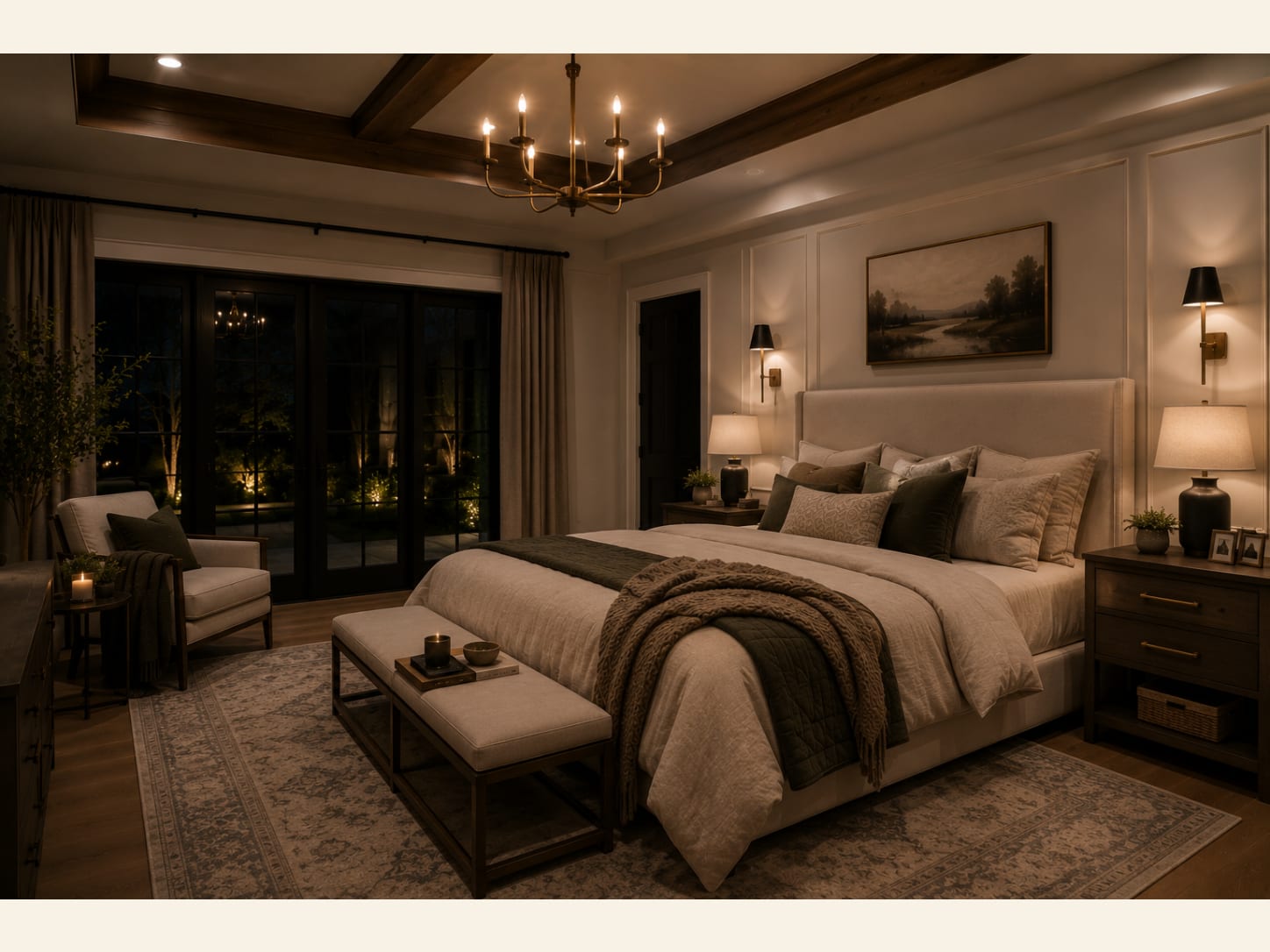 A Warm Transitional Master Bedroom with Olive Accents A warm transitional master bedroom with a cream upholstered headboard, olive-green accents, exposed beams, a brass candle chandelier, black-shade sconces and landscape art.