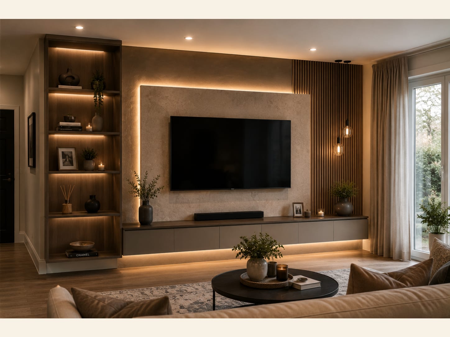A Modern Backlit Stone TV Wall with Walnut Fluting A modern living room with a backlit plaster-stone TV panel, a walnut fluted accent, a floating media console, lit walnut shelving, glass globe pendants and a tan leather sofa.