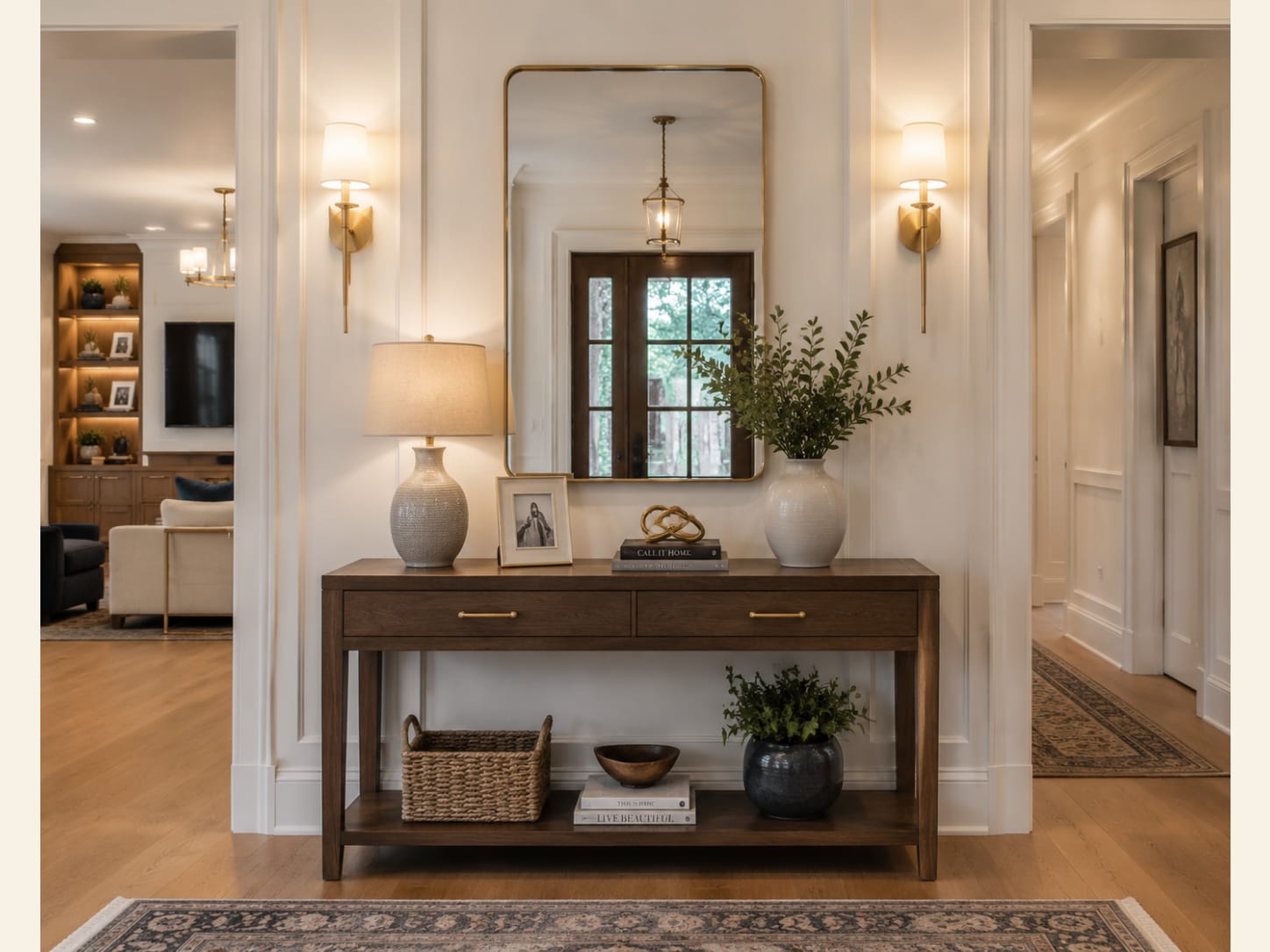 A Classic Entryway with a Walnut Console and Arched Mirror A bright classic entryway with a walnut console, a large arched brass mirror, brass sconces, board-and-batten panelling and greenery, opening to the living room and hall.