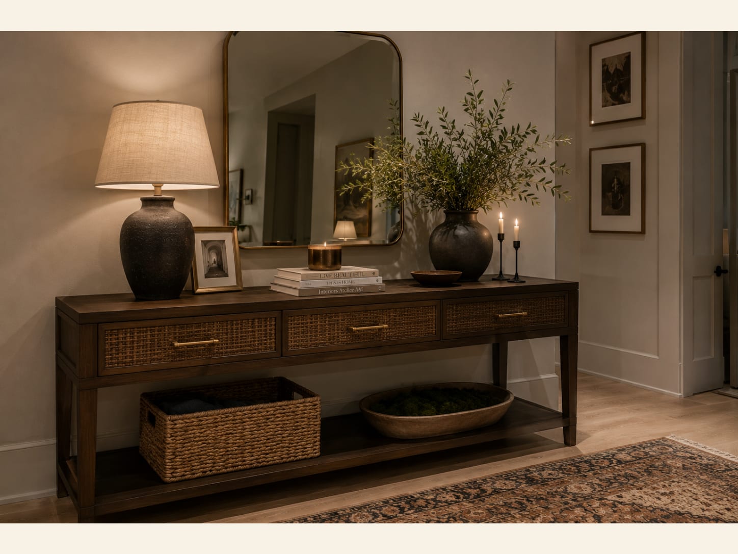 A Warm Oak Cane-Drawer Console with an Arched Brass Mirror A warm oak console with woven cane-front drawers, brass pulls, an arched brass mirror, a black ceramic lamp, olive branches and a lower shelf styled with a basket and bowl.