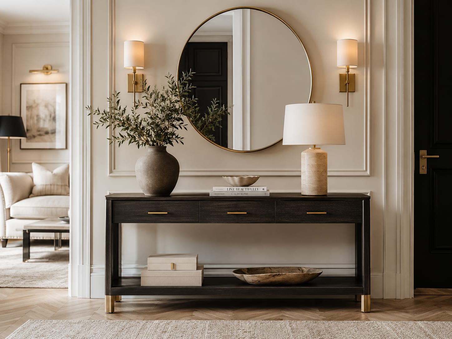 An Espresso Console with a Round Brass Mirror and Panelling A dark espresso console with brass leg caps and pulls, a large round brass mirror, brass sconces, wall panelling, a travertine lamp and a herringbone floor.
