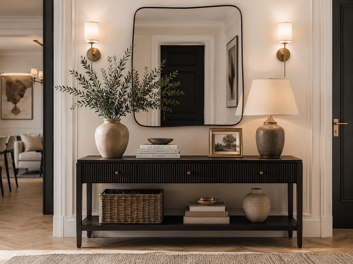 A Black Fluted Console with an Organic-Edged Mirror A black fluted console with brass knobs, an organic wavy-edged black-framed mirror, brass sconces, a ceramic lamp, olive branches and a lower shelf styled with a basket and books.