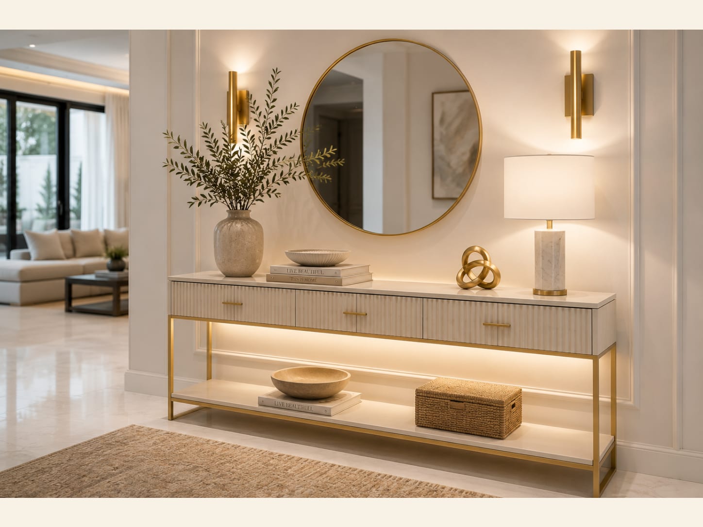 A Cream Fluted Console on a Gold Frame with a Round Mirror A cream fluted console with a marble top on a slim gold frame with LED under-glow, a large round brass mirror, brass sconces, a marble lamp and a gold sculpture.