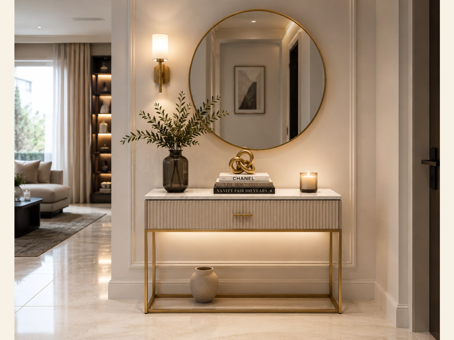 A Compact Cream Fluted Console with a Round Gold Mirror A compact cream fluted console with a single drawer on a slim gold frame with LED under-glow, a large round brass mirror, a brass sconce, a gold sculpture and greenery.