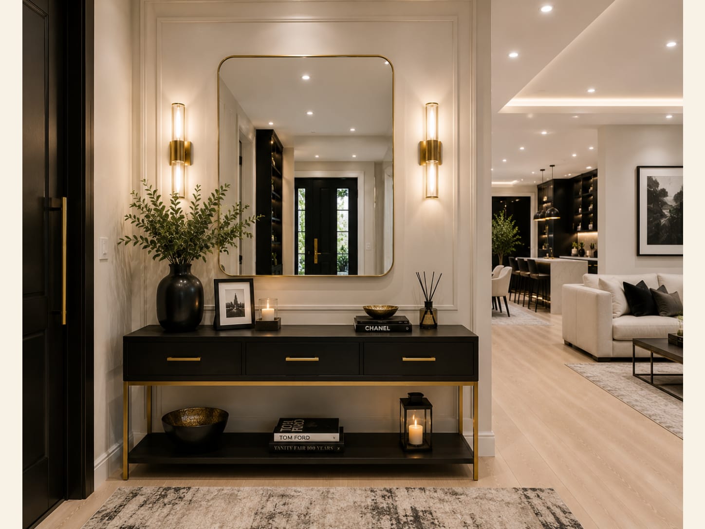Use black and brass as a preview of the rooms beyond Dark luxury entryway with a black console, slim brass frame, rounded brass mirror, sconces and panelled walls