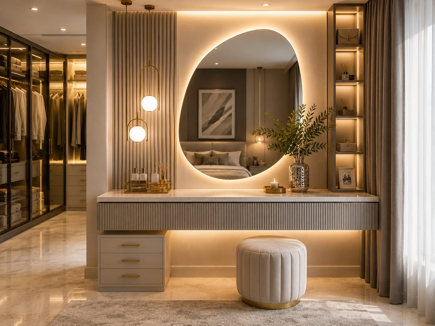 A grey fluted floating vanity with a marble top, a drawer base with gold pulls, an organic pebble-shaped backlit mirror, twin opal globe pendants, a fluted feature wall and lit display niches.