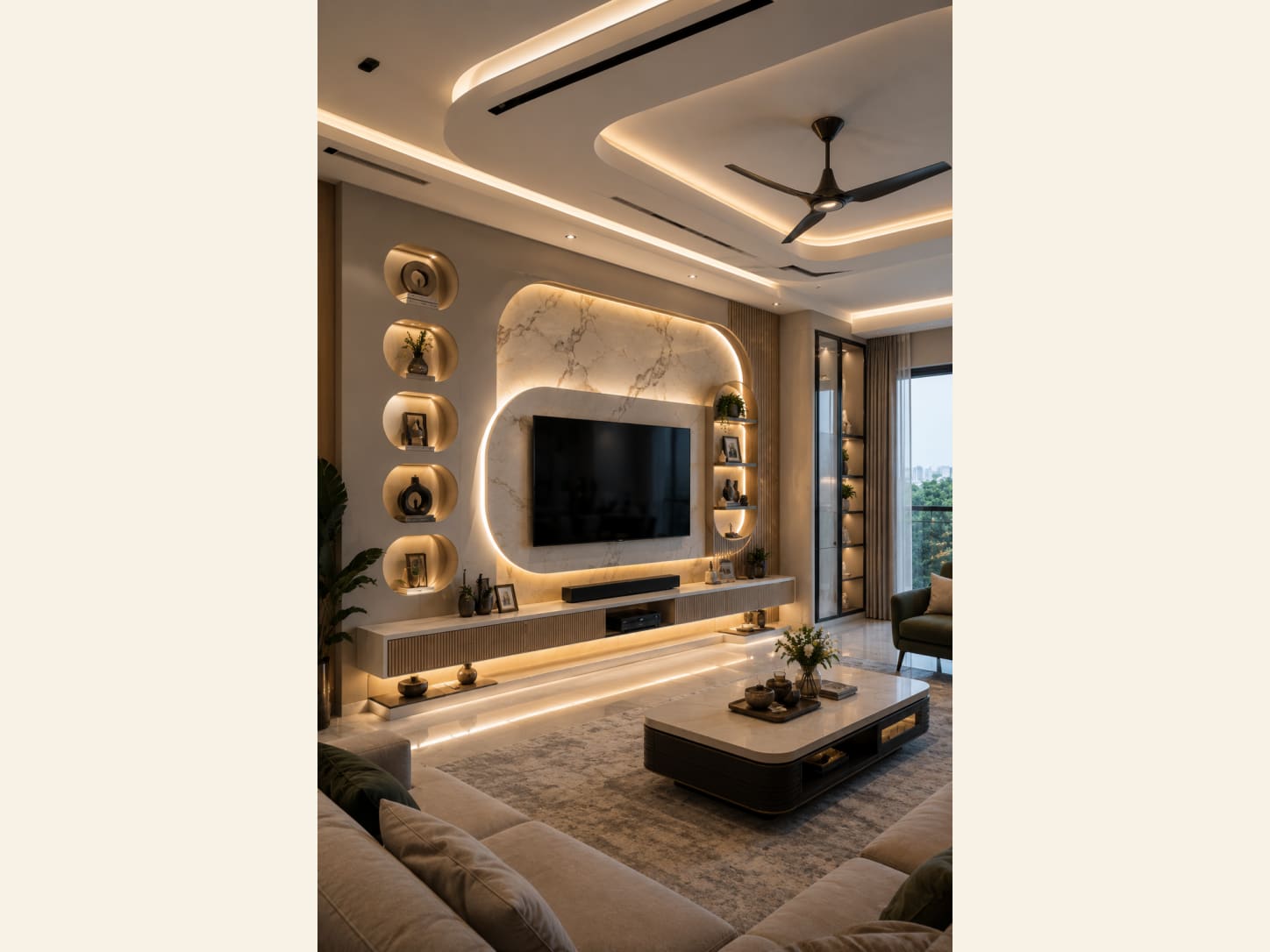A Curved Marble TV Wall with Round Lit Niches A luxury living room TV wall with a curved marble feature panel, a warm backlit halo around the TV, round lit display niches, a floating console with under-glow, a marble coffee table and a soft beige sectional under a coffered cove-lit ceiling.