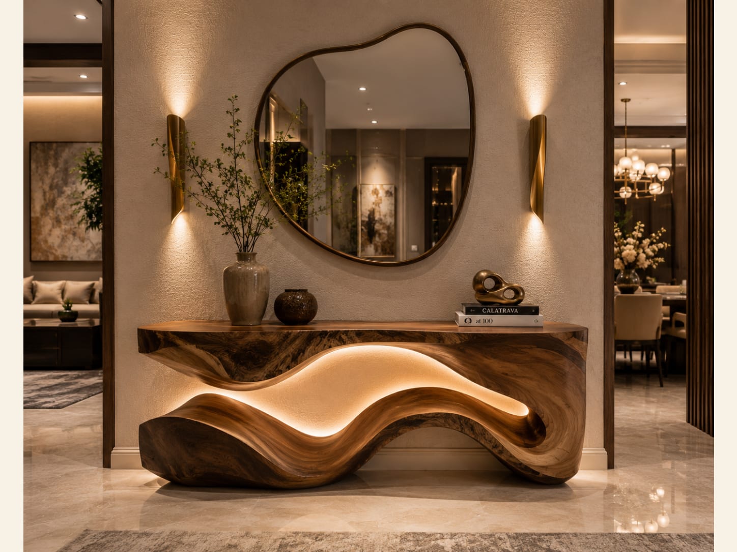A Live-Edge Sculptural Wood Console with an LED Wave and Organic Mirror A solid live-edge wood console carved into a flowing sculptural form with a warm LED wave glowing through the middle, paired with an organic-shaped mirror and brass twist sconces.