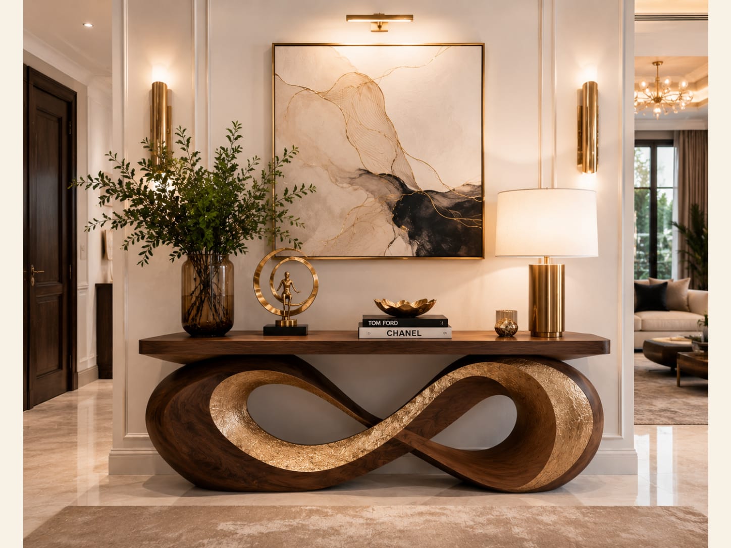 An Infinity Sculptural Walnut Console with Gold Inlay A sculptural walnut console with an infinity figure-eight base and a gold-leaf inner surface, styled with a gold knot sculpture, a marble-and-brass lamp and a gold-and-black abstract artwork.