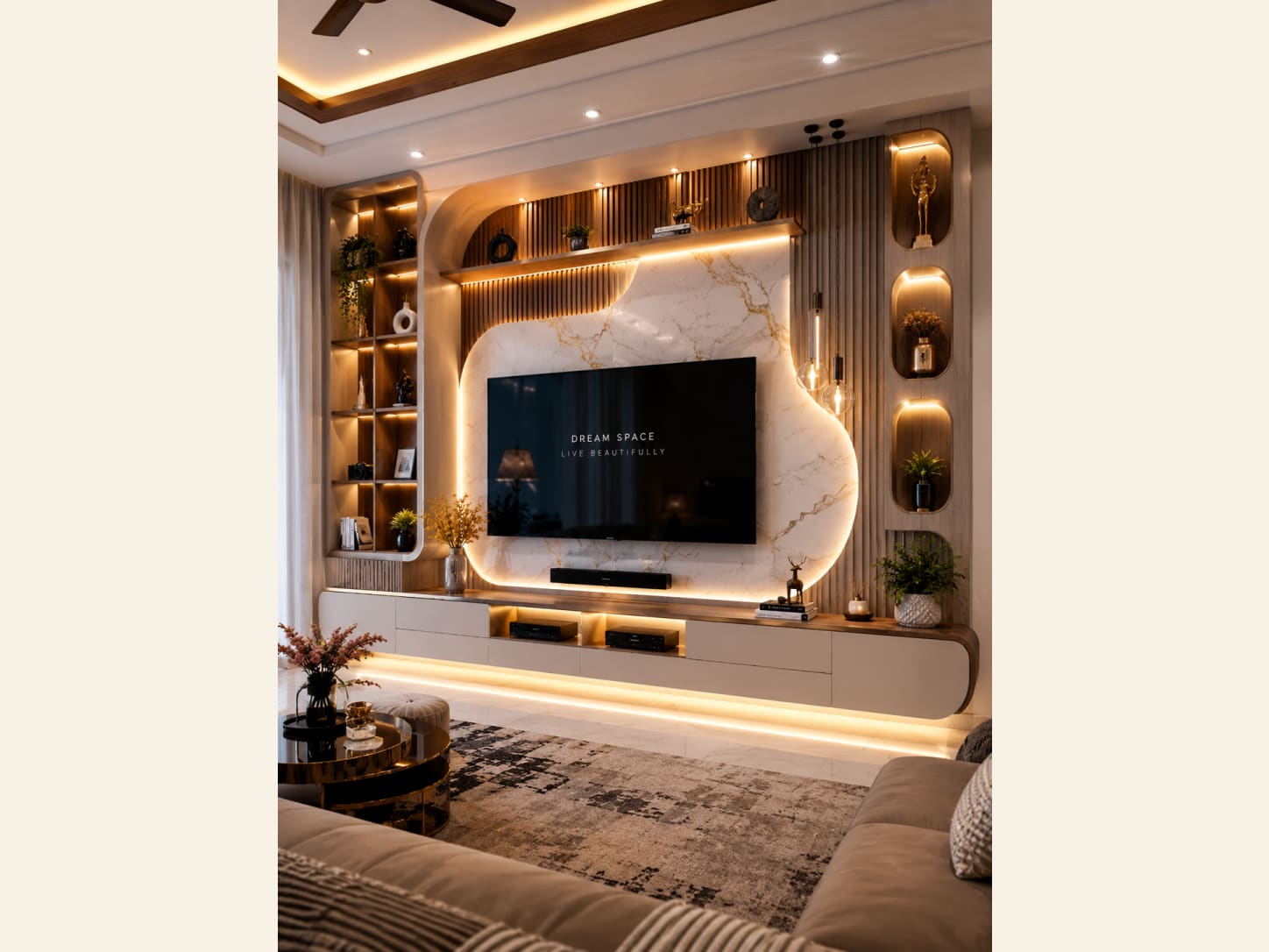 A modern luxury TV wall mixing gold-veined marble with fluted wood, an organic backlit panel behind the TV, tall lit display shelves on both sides, a floating console with under-glow, a round gold coffee table and a cozy beige sectional.