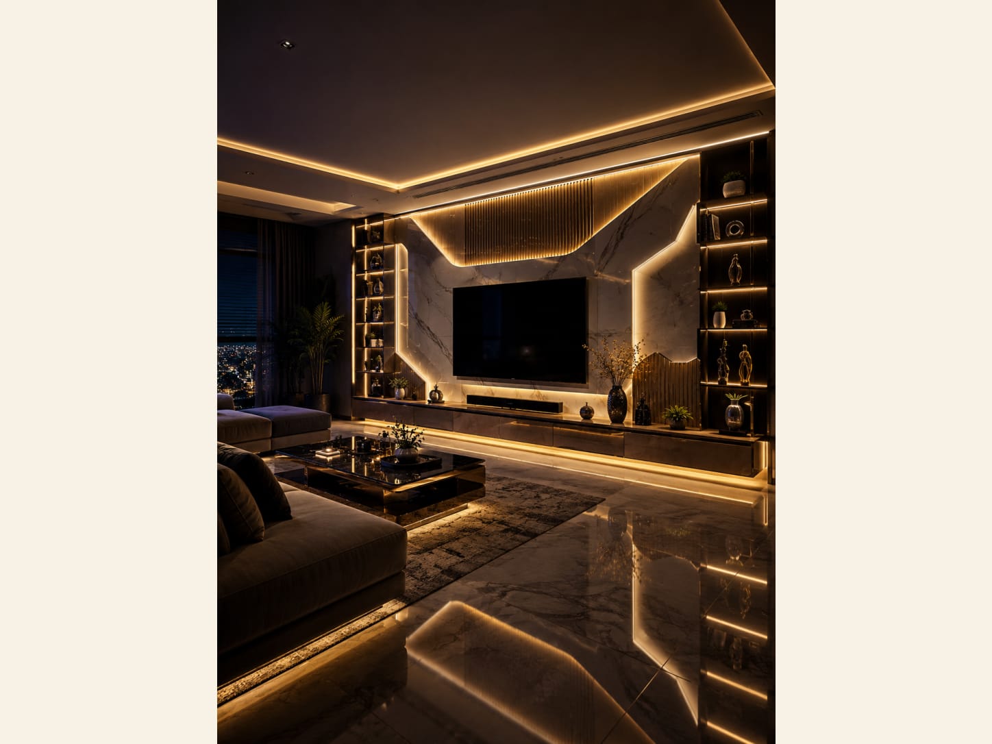 A Dark, Moody Marble TV Wall with Lit Shelves A dark, moody luxury living room with a marble TV feature wall, a sharp warm backlit outline, fluted wood accents, tall lit display shelves on both sides, a floating console with under-glow and a grey sectional on a glossy reflective marble floor.