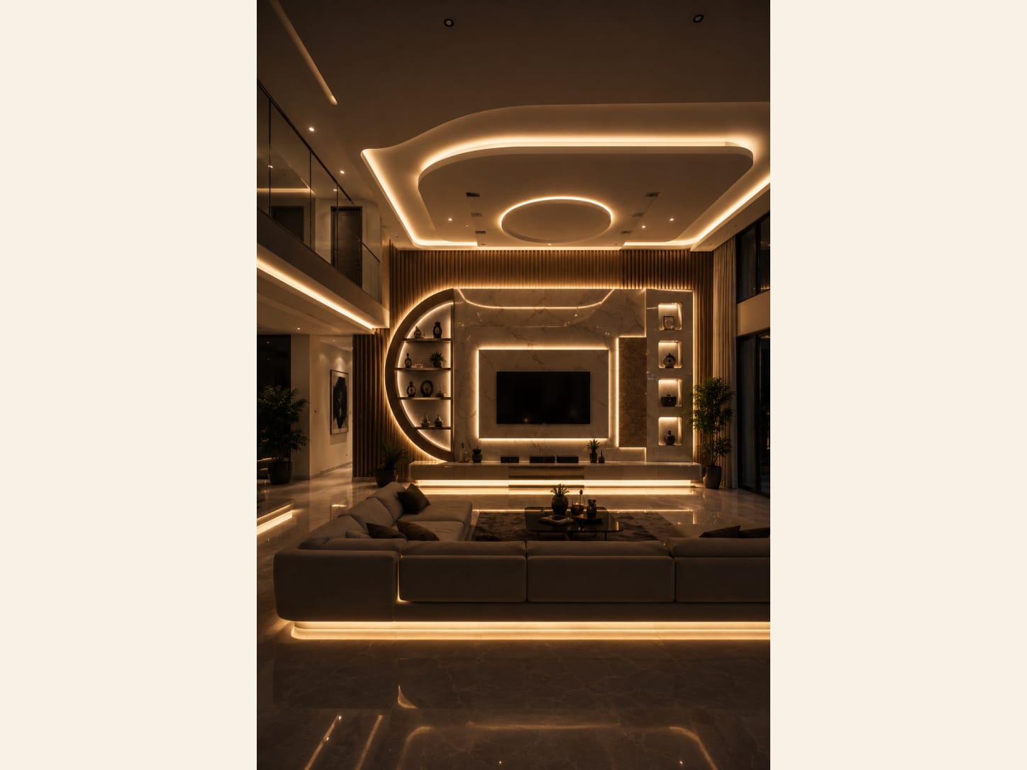 A luxury living room with a round backlit TV niche set into a fluted wood and marble wall, a circular lit display shelf, a floating console with under-glow, a recessed cove-lit ceiling and a large beige sectional on a glossy marble floor.