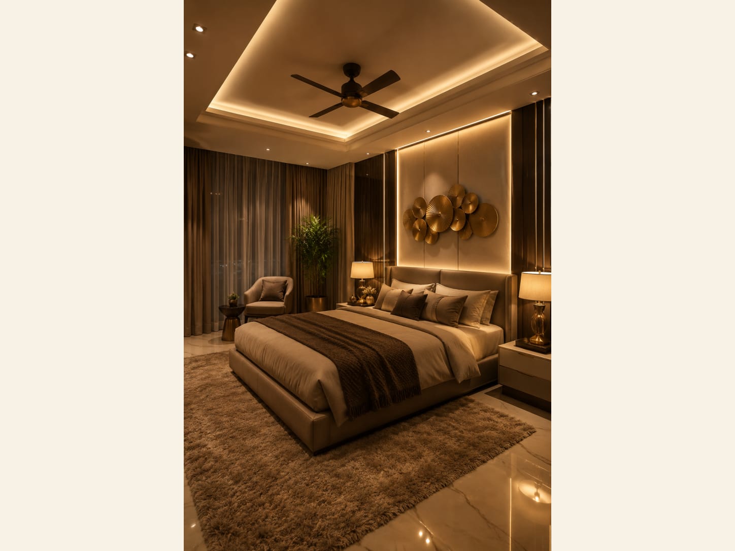 A Warm Hotel-Style Master Bedroom in Beige and Gold A warm luxury master bedroom with a backlit upholstered headboard, a gold metallic floral wall sculpture, recessed cove lighting, gold lamps, a cozy armchair nook and a plush shag rug in a soft beige-and-brown palette.