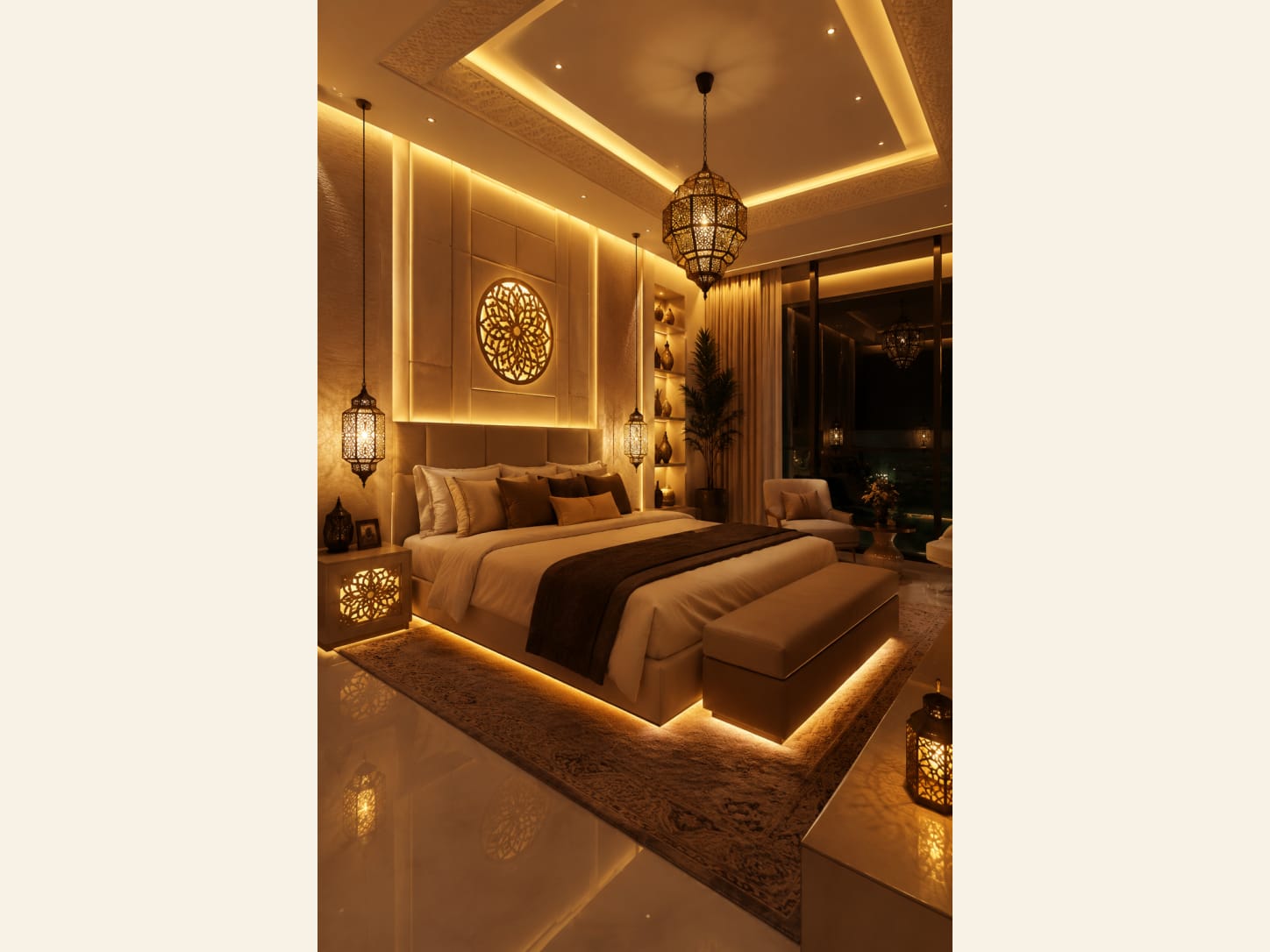 An Arabian Bedroom with Moroccan Lanterns and a Carved Panel An opulent Arabian-style luxury bedroom glowing in warm gold, ornate Moroccan lantern lighting, a backlit carved mandala panel, lit display niches, a bed on a glowing platform and a city night view.