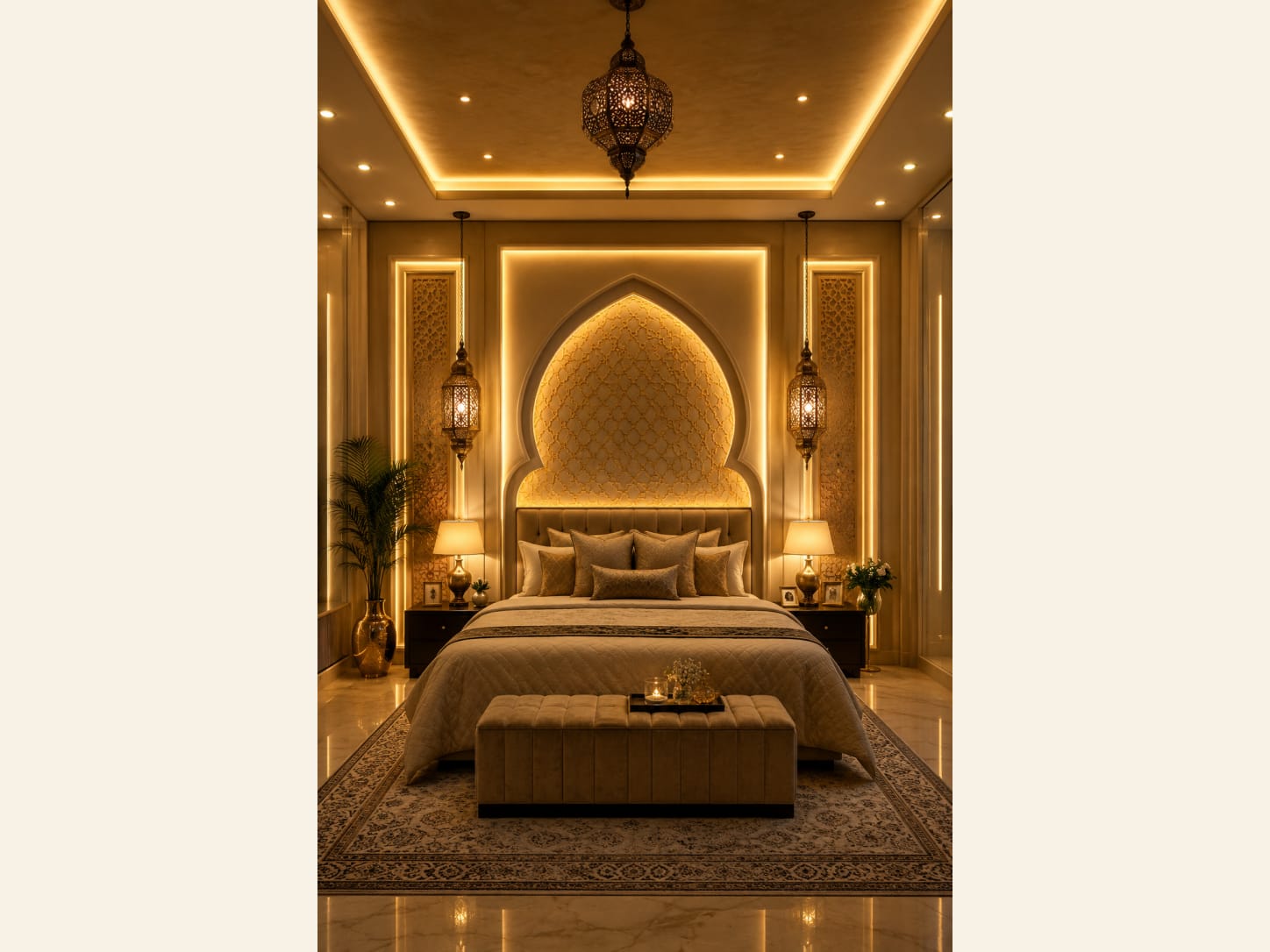 A Symmetrical Arabian Bedroom with an Arched Headboard A symmetrical Arabian luxury bedroom with an arched backlit headboard alcove, tall Moroccan lantern sconces, twin lamps, a tufted storage bench and an ornate rug in warm golden tones.