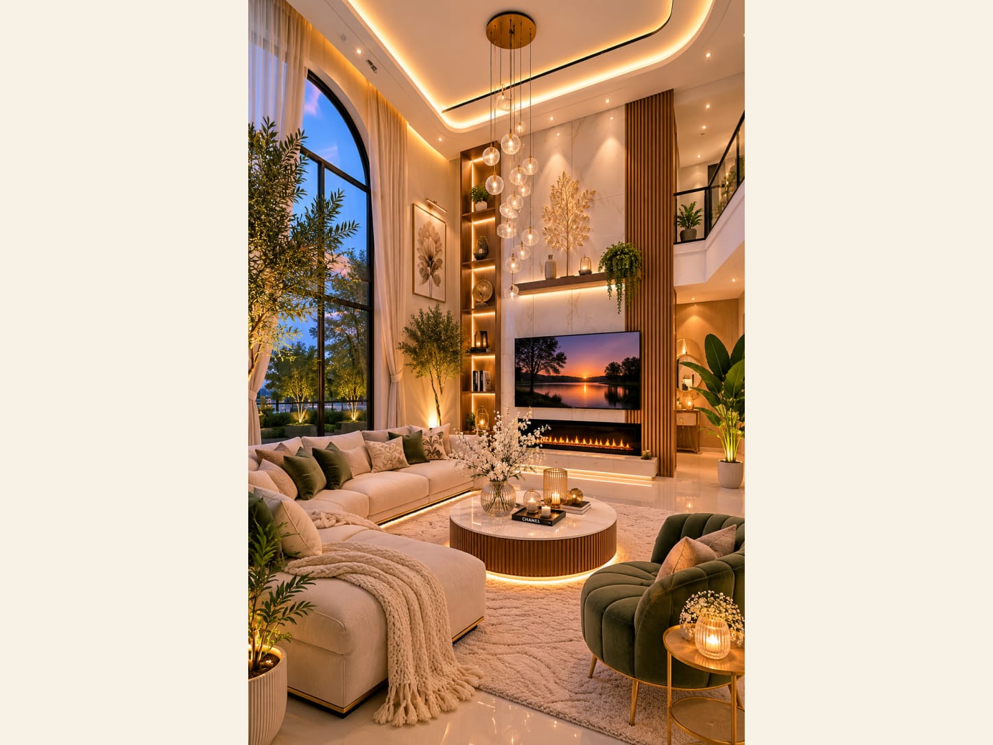 A Double-Height Living Room with a Cascading Bubble Chandelier A double-height luxury living room with a tall arched window, a TV-and-fireplace feature wall, a cascading bubble chandelier, lit niches, a cream sectional and sage-green velvet accents in warm golden light.