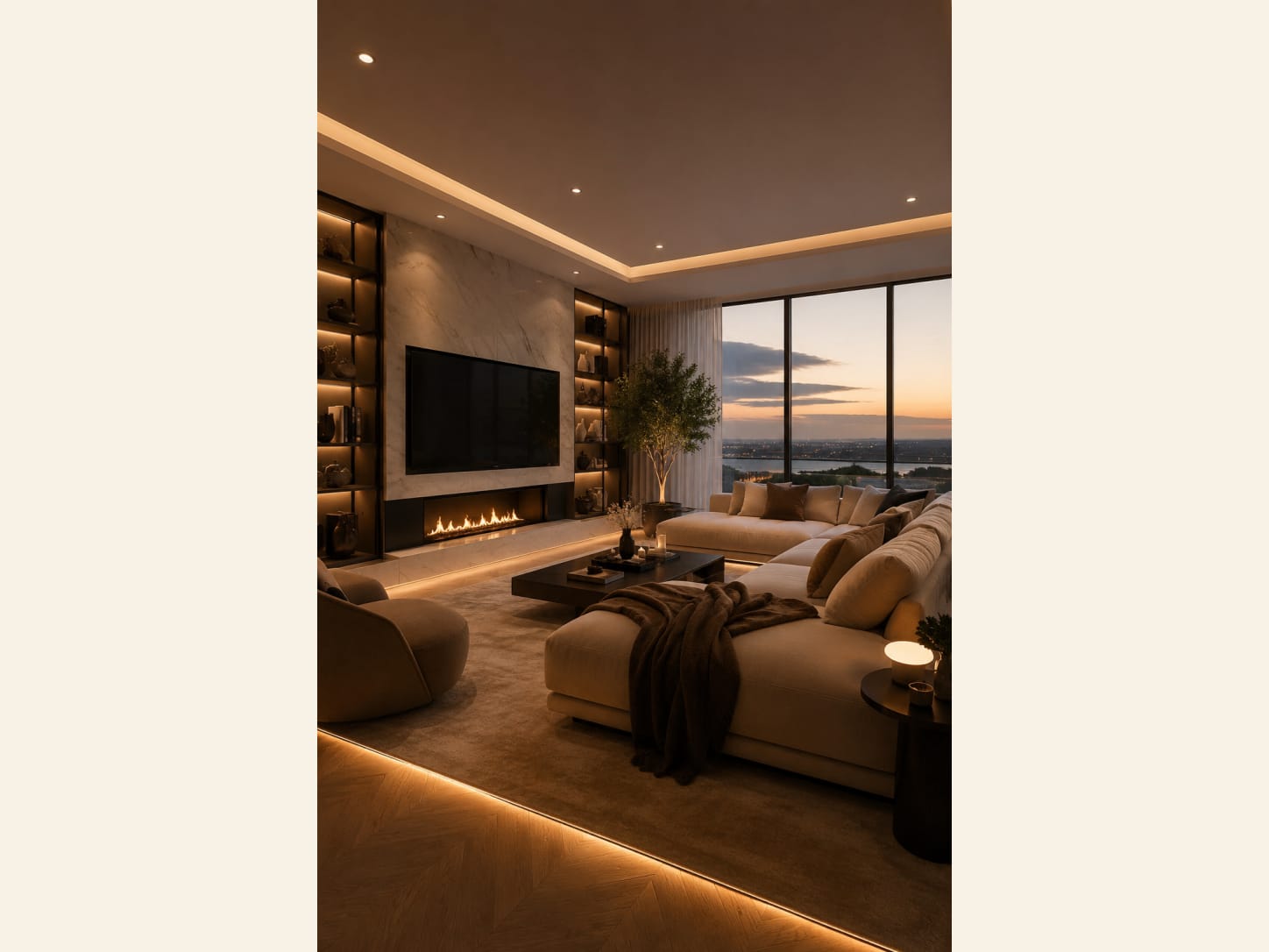 A Modern Living Room with a Marble Fireplace Wall and Sunset View A modern luxury living room with a marble TV-and-fireplace feature wall, lit display niches, a large beige sectional, a low coffee table and floor-to-ceiling windows framing a golden sunset view.