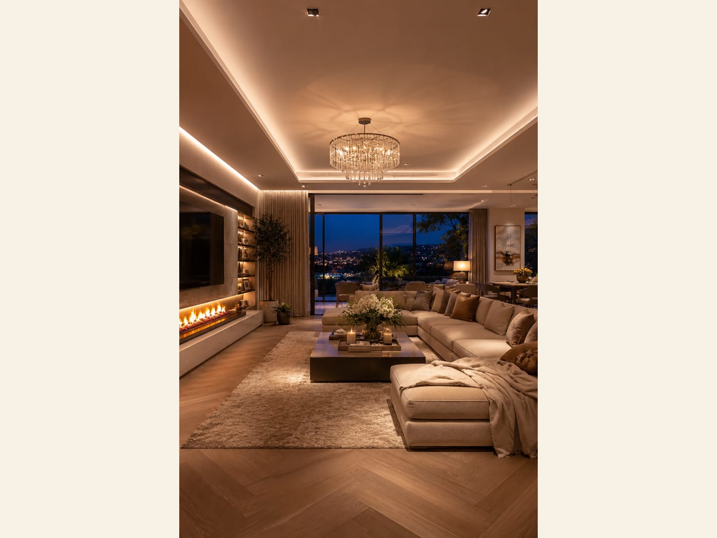A Grand Living Room with a Crystal Chandelier and City View A grand luxury living room with a long marble fireplace-and-TV wall, tall lit bookshelves, a crystal chandelier, a huge cream sectional, a herringbone floor and floor-to-ceiling windows over a city night view.